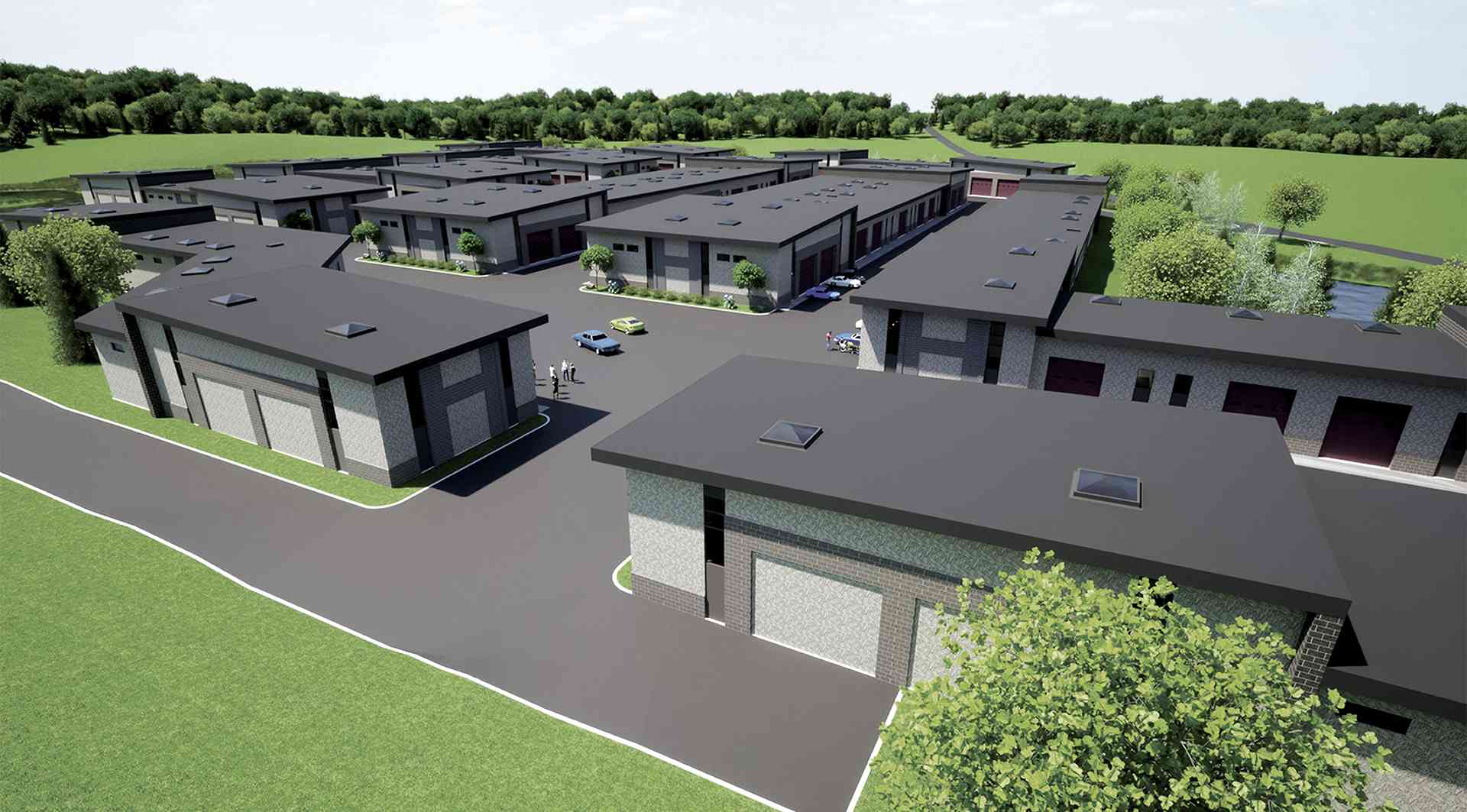Aerial rendering of the completed Hide Out Supermax Suites development in St. Michael, Minnesota