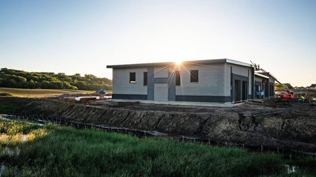 Sunlight on the reinforced concrete block walls of The Hide Out