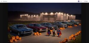 Halloween trunk-or-treat night at The Hide Out Supermax Suites with classic cars and trick-or-treaters